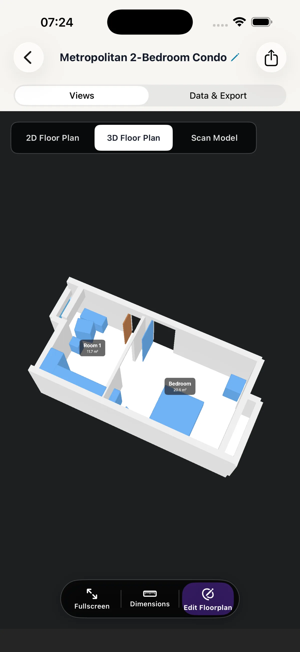 ScanSpace showing a captured 3D floor plan with rooms and furniture