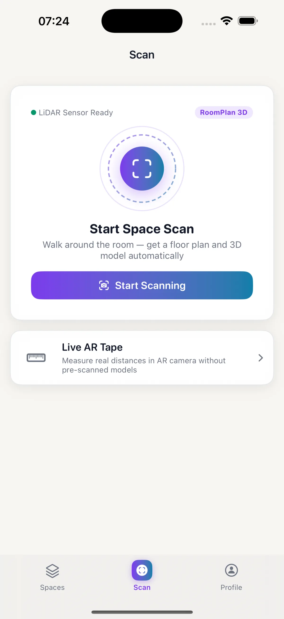 ScanSpace LiDAR room scanning screen
