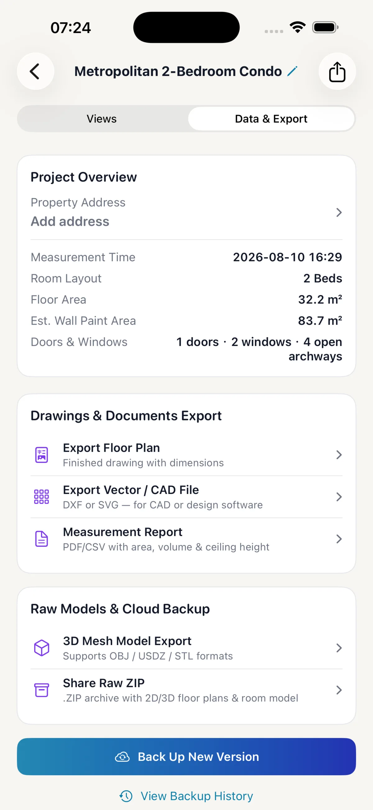 ScanSpace professional floor plan and 3D model export options